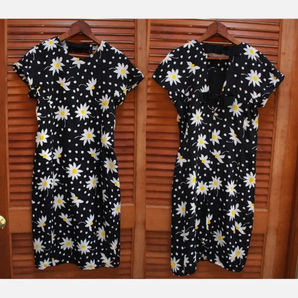 Vintage 1980s Dress, 1990s Daisy Dress, Polka Dot Dress, Black Dress, Silk Dress